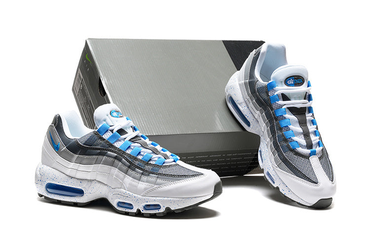 Nike Air Max 95 – Grey / White with Blue Accents & Speckled Midsole