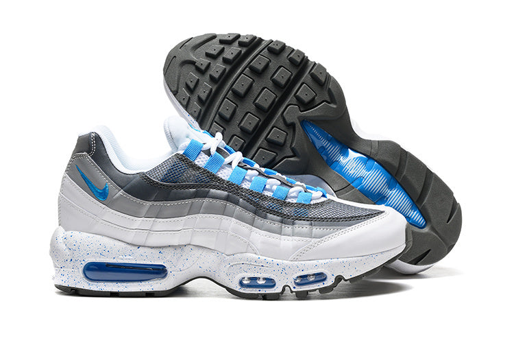 Nike Air Max 95 – Grey / White with Blue Accents & Speckled Midsole