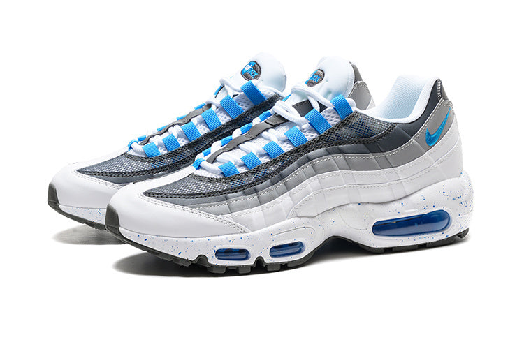 Nike Air Max 95 – Grey / White with Blue Accents & Speckled Midsole