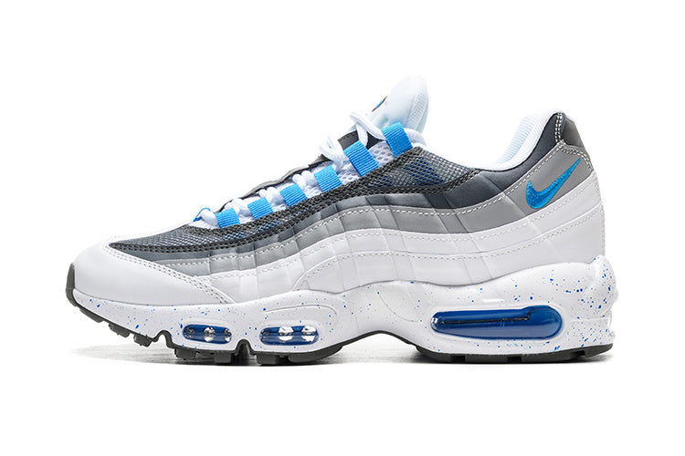 Nike Air Max 95 – Grey / White with Blue Accents & Speckled Midsole